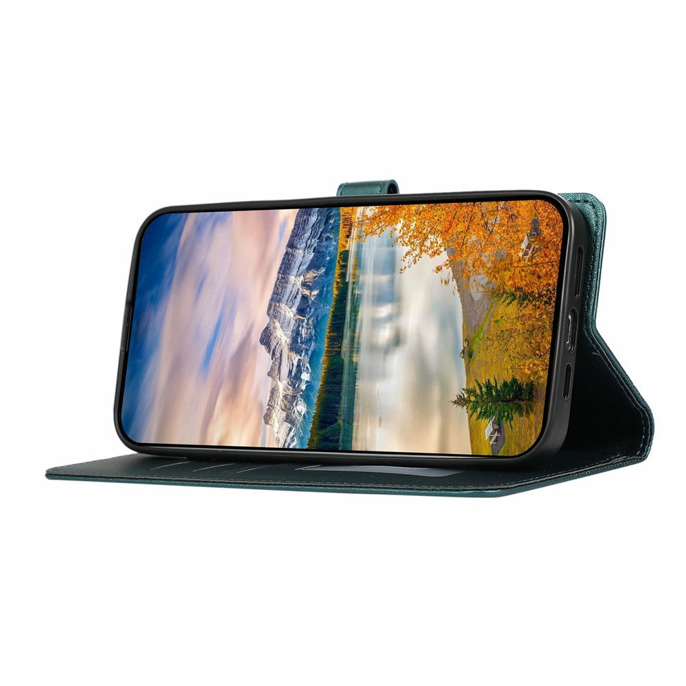 For iPhone 17 Pro Max Case Splicing Imprinted Rhombus Leather Phone Cover with Wrist Strap - Green