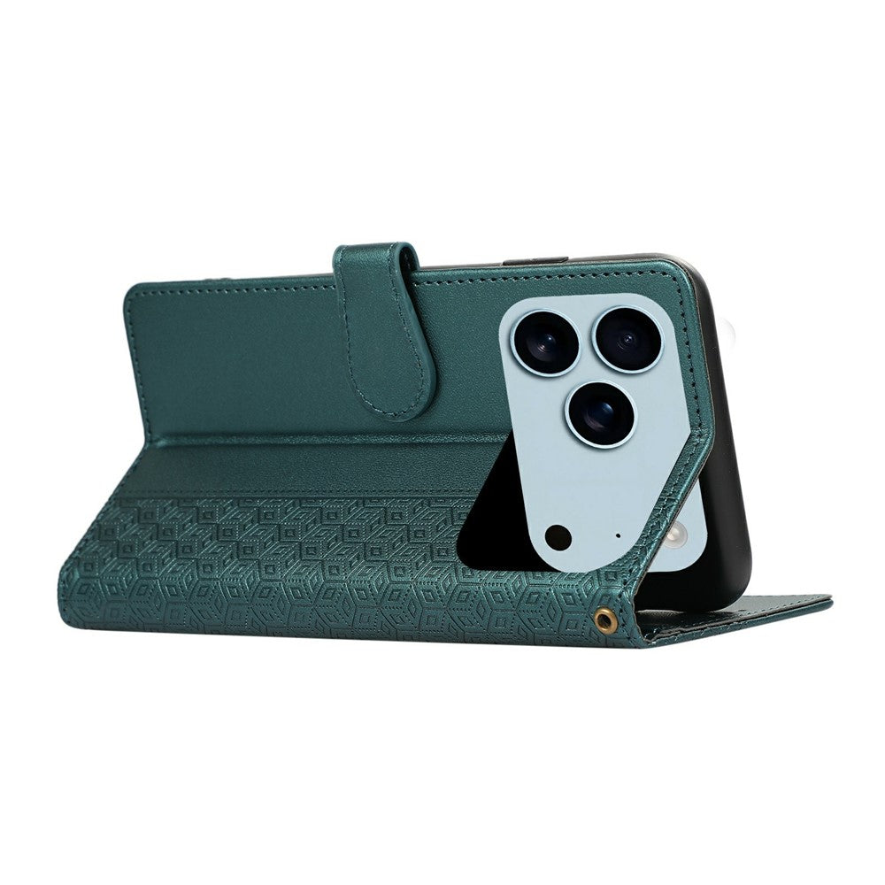 For iPhone 17 Pro Max Case Splicing Imprinted Rhombus Leather Phone Cover with Wrist Strap - Green
