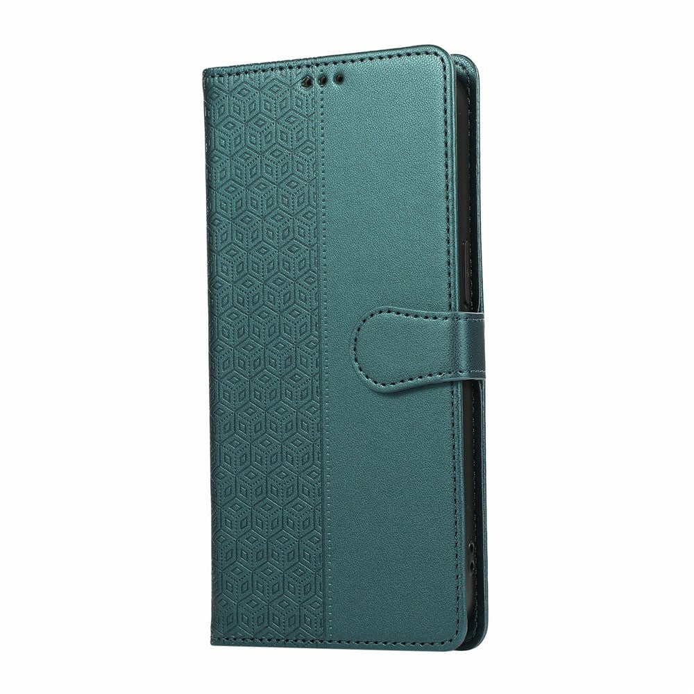 For iPhone 17 Pro Max Case Splicing Imprinted Rhombus Leather Phone Cover with Wrist Strap - Green