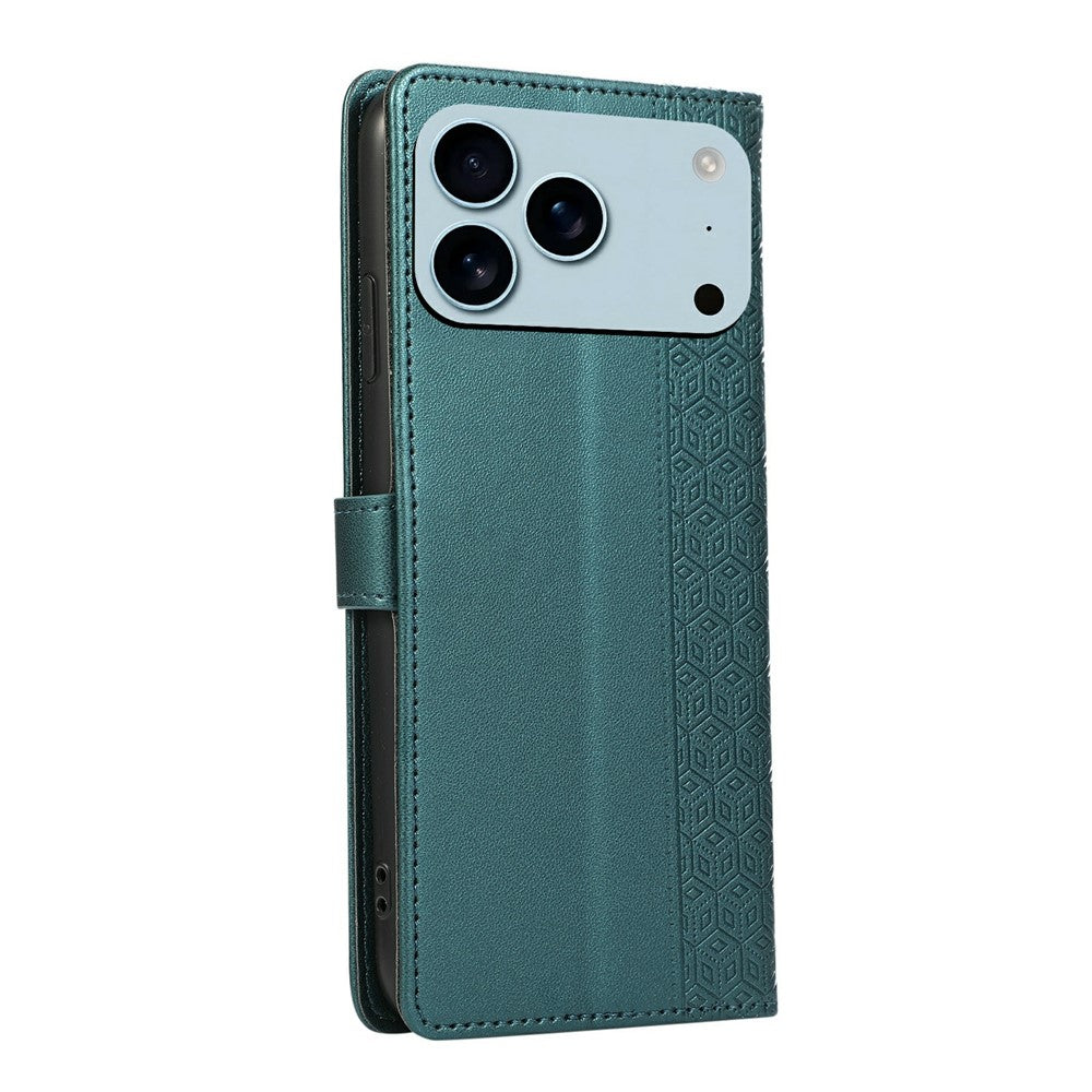 For iPhone 17 Pro Max Case Splicing Imprinted Rhombus Leather Phone Cover with Wrist Strap - Green