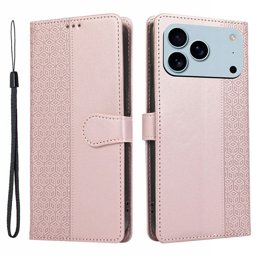 For iPhone 17 Pro Max Case Splicing Imprinted Rhombus Leather Phone Cover with Wrist Strap - Rose Gold