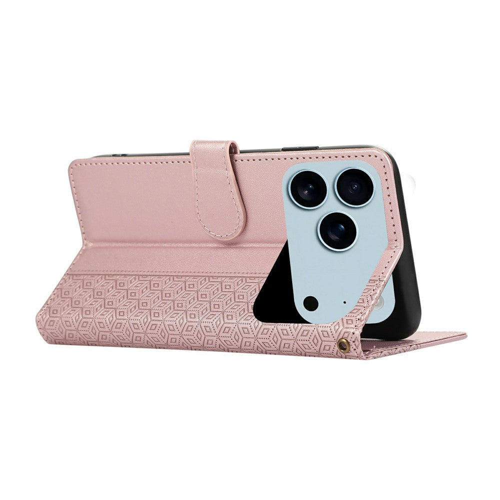 For iPhone 17 Pro Max Case Splicing Imprinted Rhombus Leather Phone Cover with Wrist Strap - Rose Gold