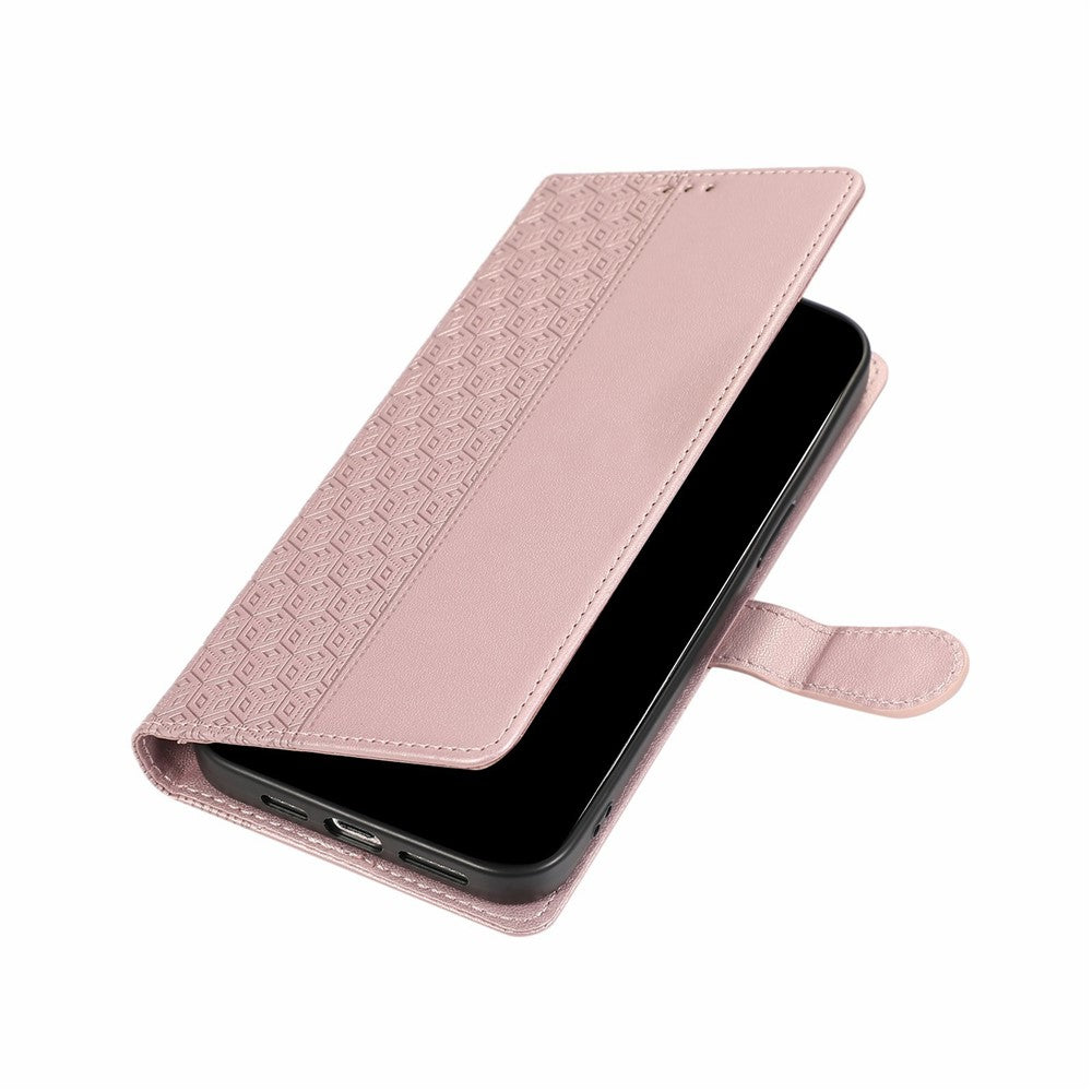 For iPhone 17 Pro Max Case Splicing Imprinted Rhombus Leather Phone Cover with Wrist Strap - Rose Gold