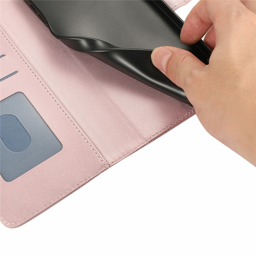 For iPhone 17 Pro Max Case Splicing Imprinted Rhombus Leather Phone Cover with Wrist Strap - Rose Gold