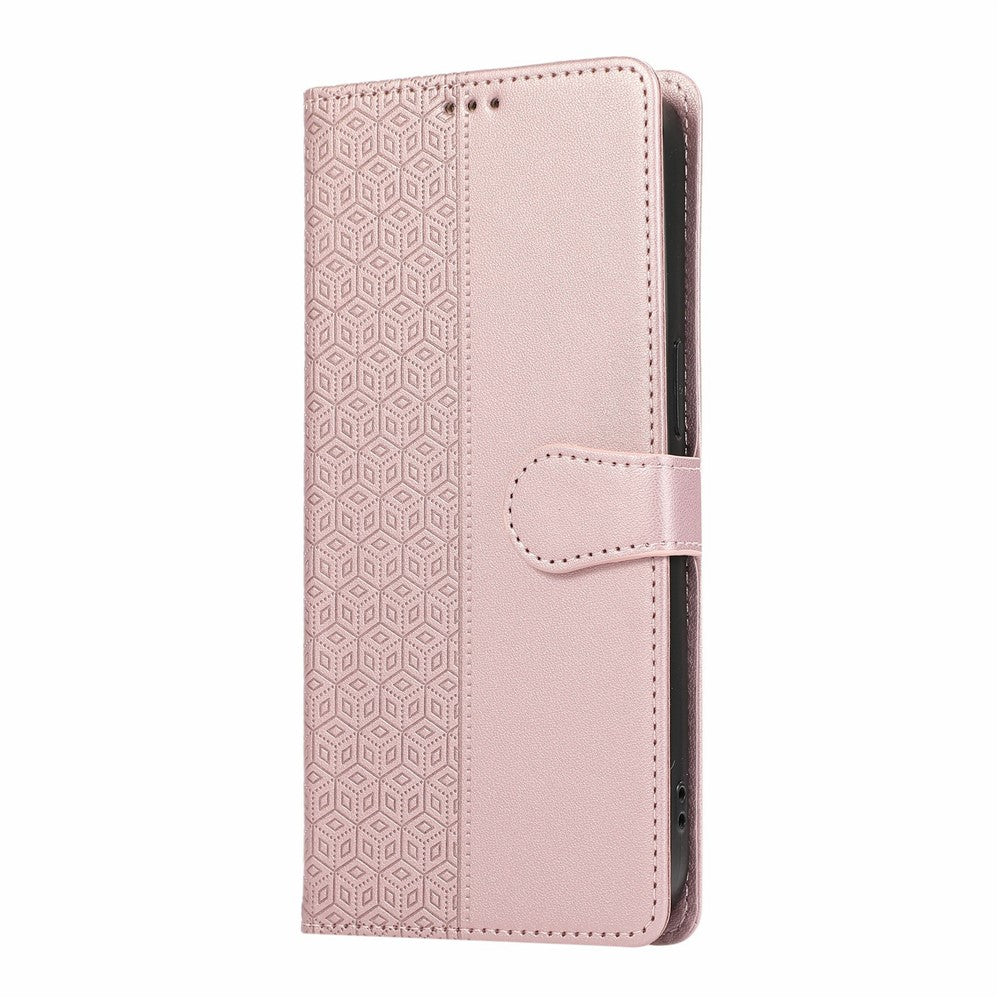 For iPhone 17 Pro Max Case Splicing Imprinted Rhombus Leather Phone Cover with Wrist Strap - Rose Gold