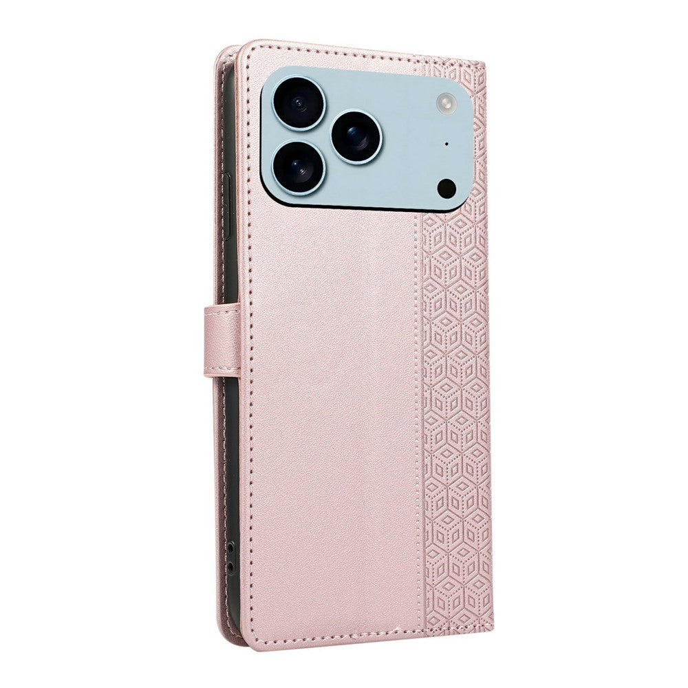 For iPhone 17 Pro Max Case Splicing Imprinted Rhombus Leather Phone Cover with Wrist Strap - Rose Gold