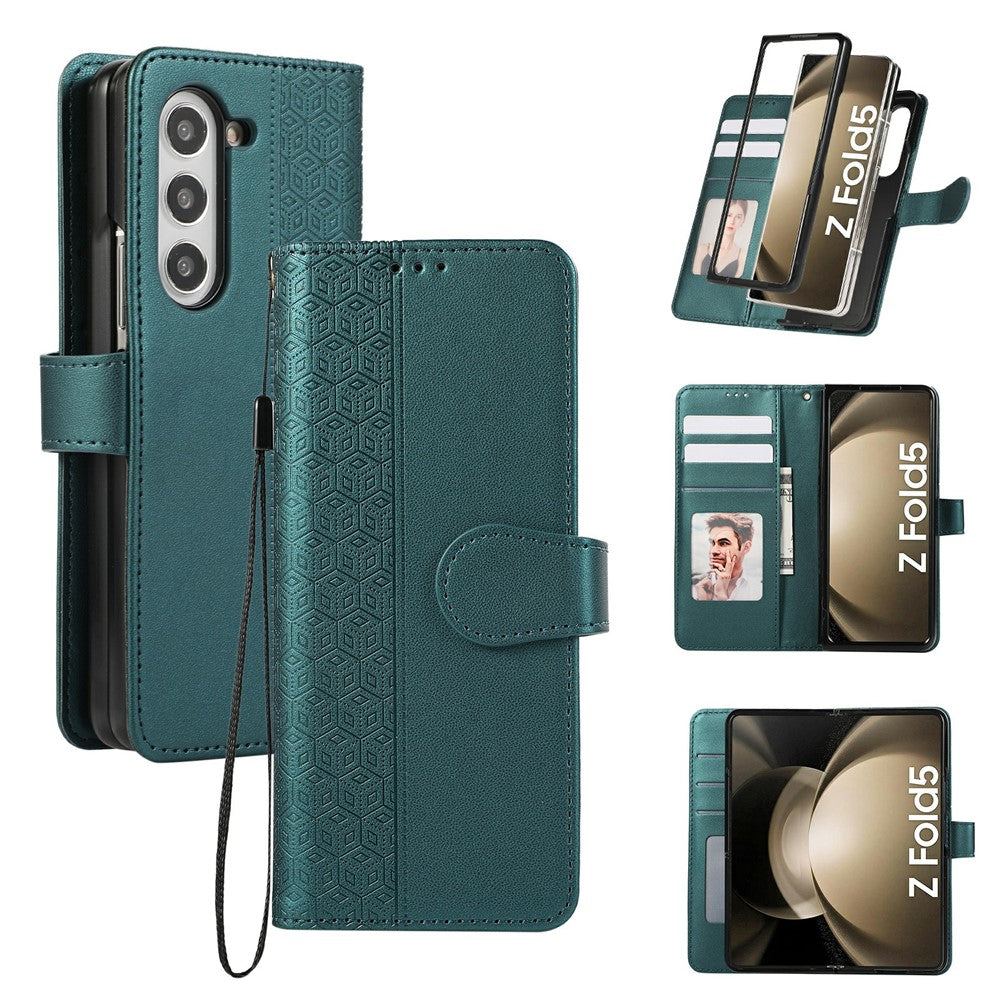 For Samsung Galaxy Z Fold7 5G Case Splicing Imprinted Rhombus Leather Phone Cover with Wrist Strap - Green