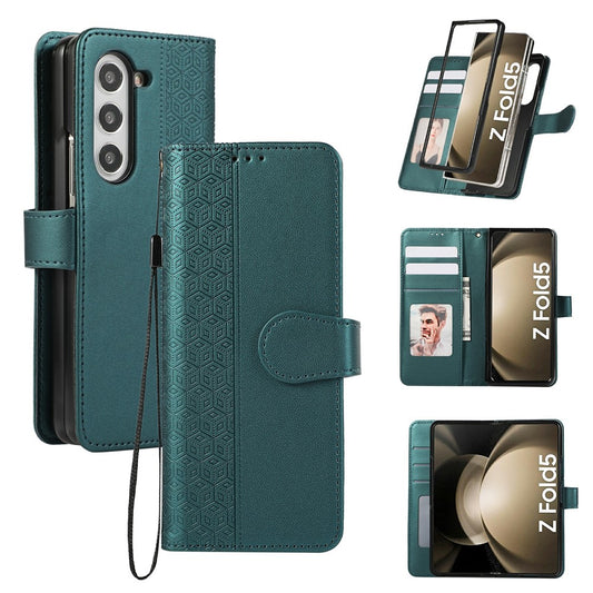 For Samsung Galaxy Z Fold7 5G Case Splicing Imprinted Rhombus Leather Phone Cover with Wrist Strap - Green
