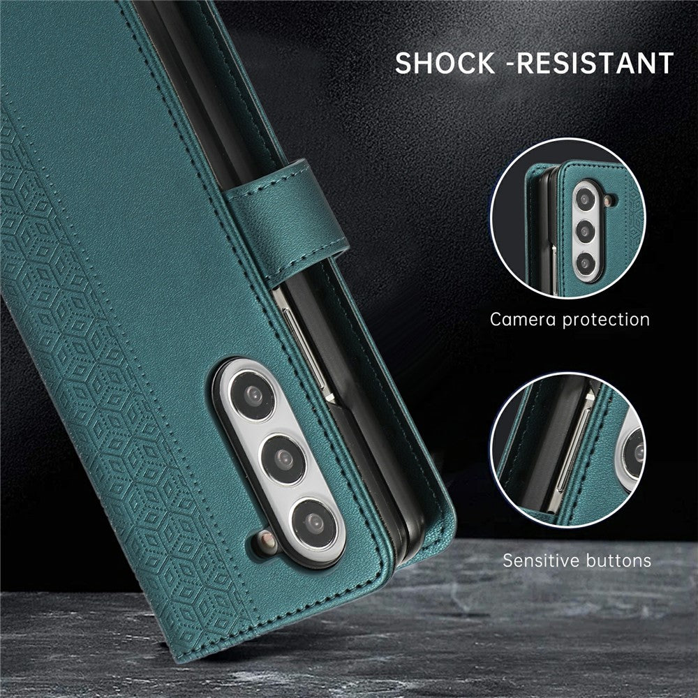 For Samsung Galaxy Z Fold7 5G Case Splicing Imprinted Rhombus Leather Phone Cover with Wrist Strap - Green