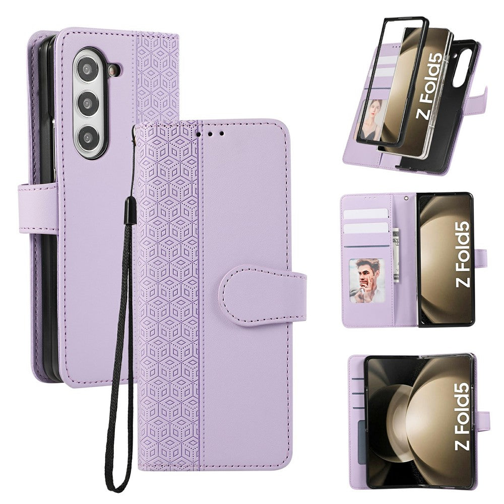 For Samsung Galaxy Z Fold7 5G Case Splicing Imprinted Rhombus Leather Phone Cover with Wrist Strap - Purple