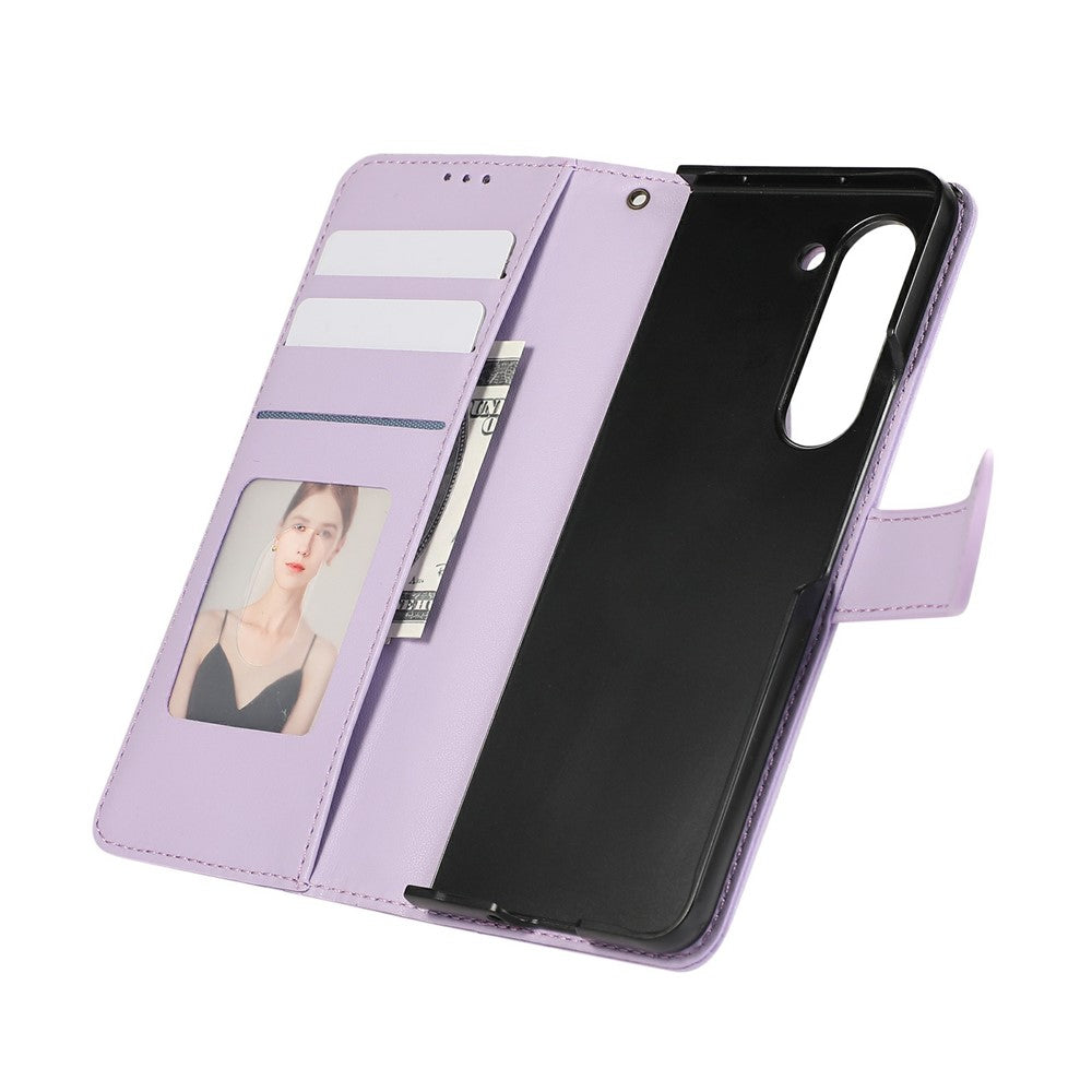 For Samsung Galaxy Z Fold7 5G Case Splicing Imprinted Rhombus Leather Phone Cover with Wrist Strap - Purple