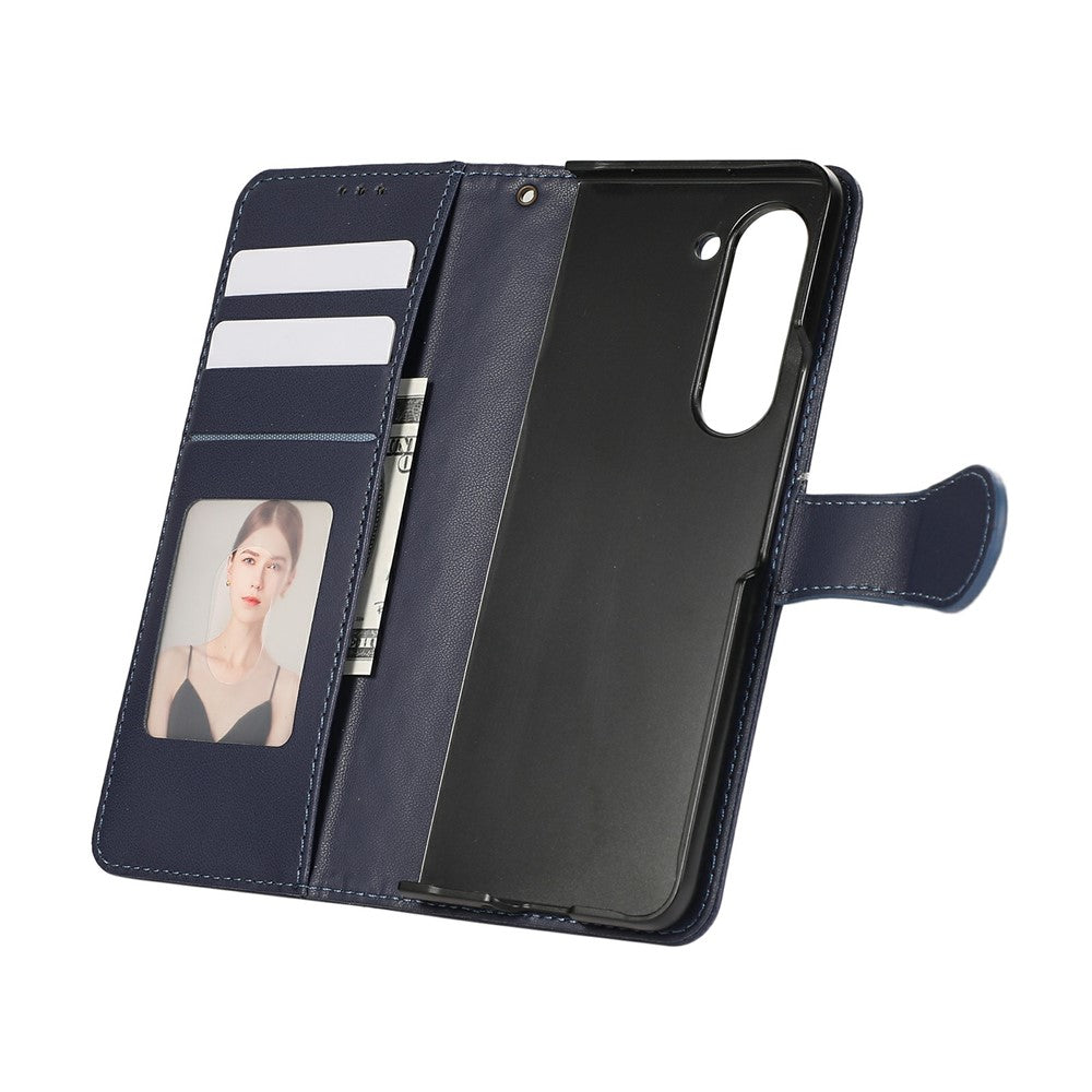 For Samsung Galaxy Z Fold7 5G Case Splicing Imprinted Rhombus Leather Phone Cover with Wrist Strap - Blue