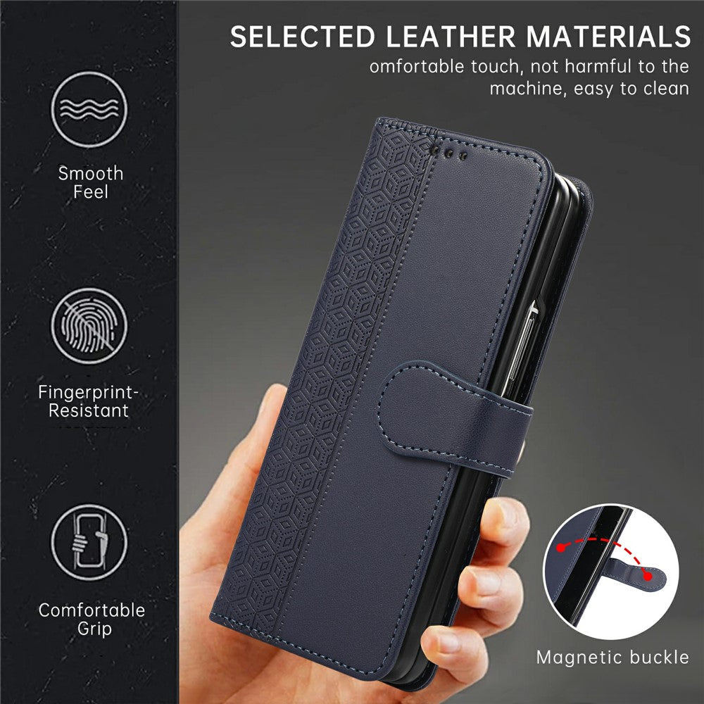 For Samsung Galaxy Z Fold7 5G Case Splicing Imprinted Rhombus Leather Phone Cover with Wrist Strap - Blue