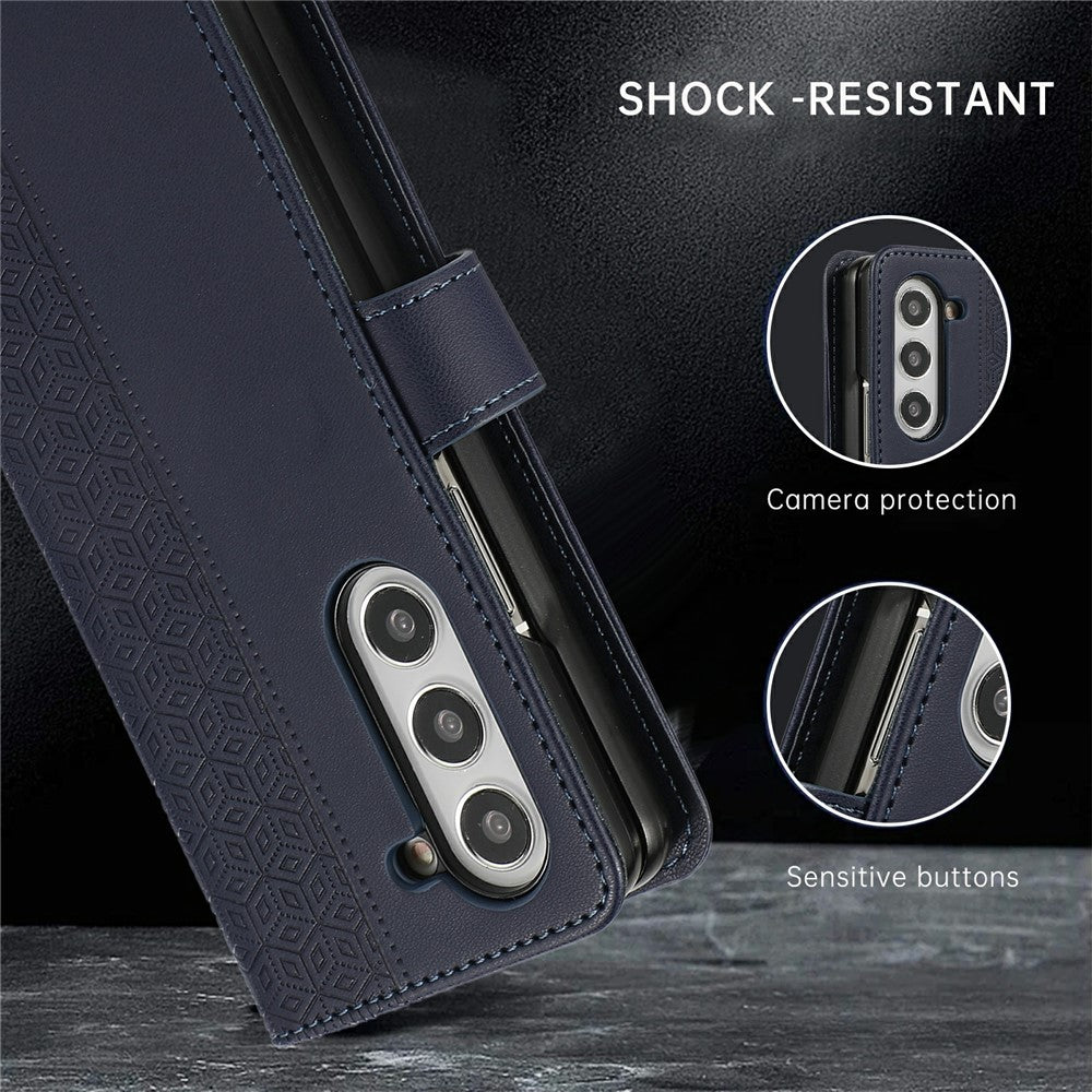 For Samsung Galaxy Z Fold7 5G Case Splicing Imprinted Rhombus Leather Phone Cover with Wrist Strap - Blue