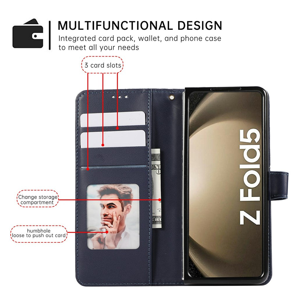 For Samsung Galaxy Z Fold7 5G Case Splicing Imprinted Rhombus Leather Phone Cover with Wrist Strap - Blue