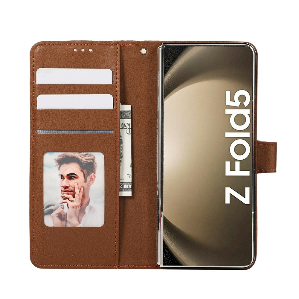 For Samsung Galaxy Z Fold7 5G Case Splicing Imprinted Rhombus Leather Phone Cover with Wrist Strap - Brown