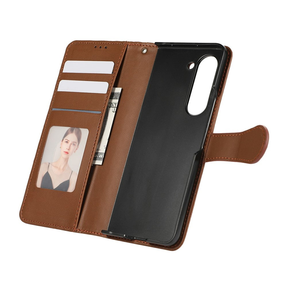 For Samsung Galaxy Z Fold7 5G Case Splicing Imprinted Rhombus Leather Phone Cover with Wrist Strap - Brown