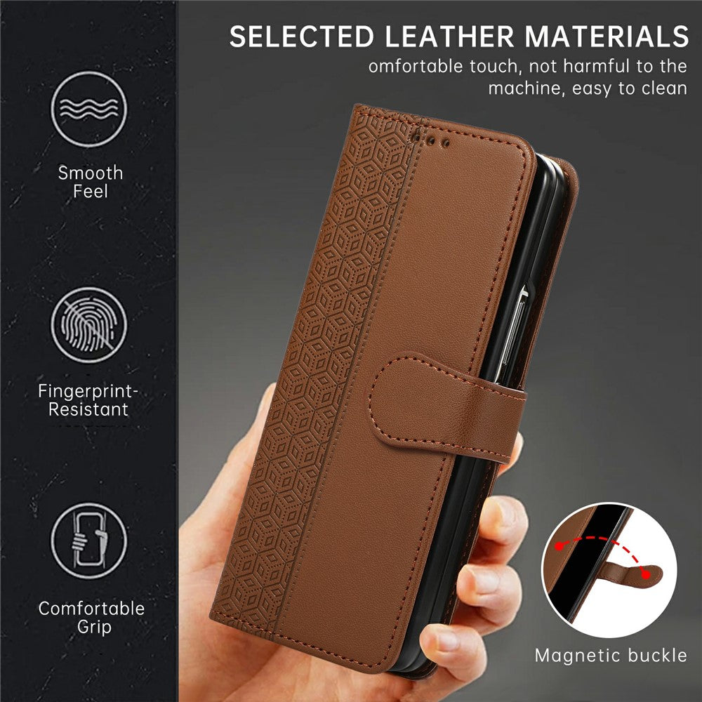 For Samsung Galaxy Z Fold7 5G Case Splicing Imprinted Rhombus Leather Phone Cover with Wrist Strap - Brown