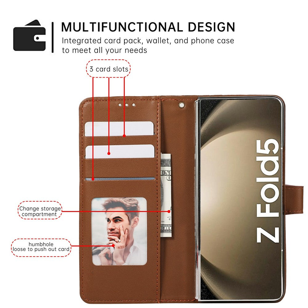 For Samsung Galaxy Z Fold7 5G Case Splicing Imprinted Rhombus Leather Phone Cover with Wrist Strap - Brown