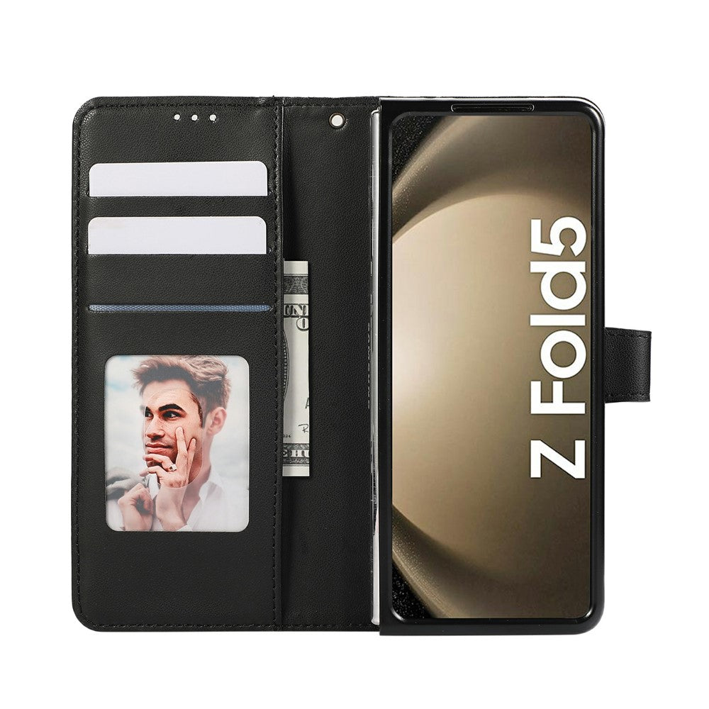 For Samsung Galaxy Z Fold7 5G Case Splicing Imprinted Rhombus Leather Phone Cover with Wrist Strap - Black
