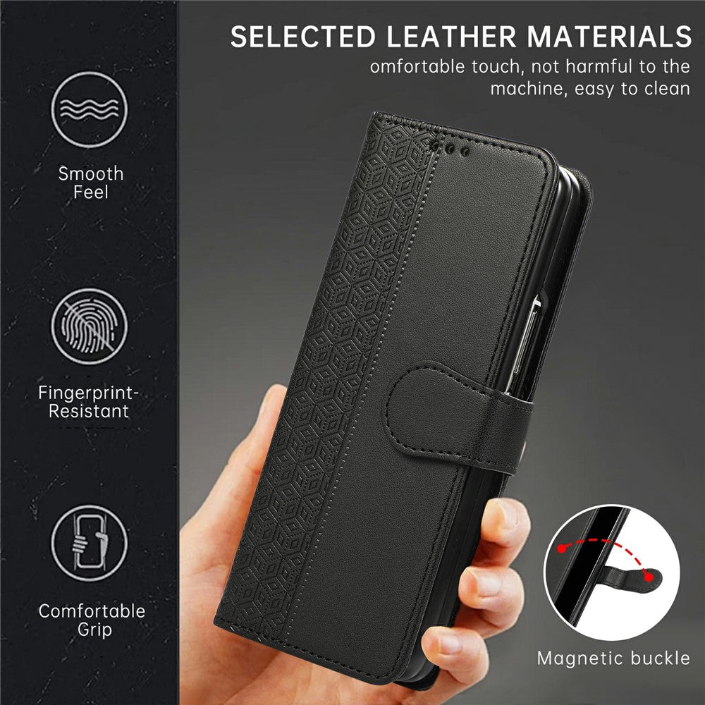 For Samsung Galaxy Z Fold7 5G Case Splicing Imprinted Rhombus Leather Phone Cover with Wrist Strap - Black