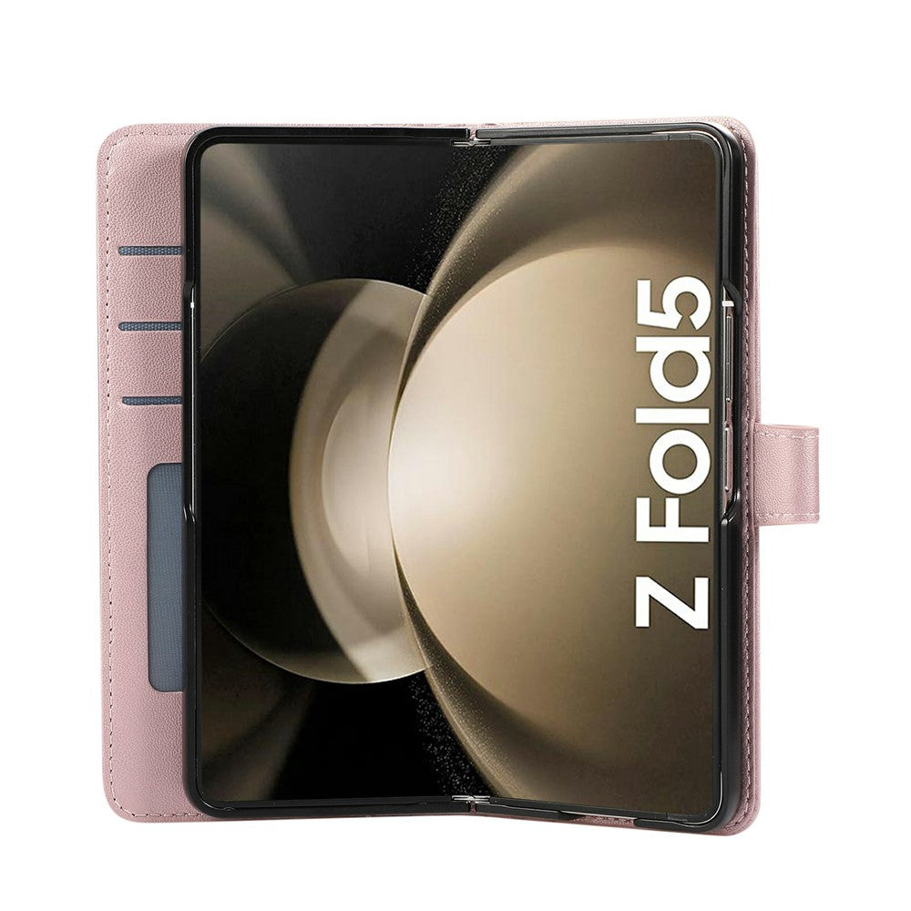 For Samsung Galaxy Z Fold7 5G Case Splicing Imprinted Rhombus Leather Phone Cover with Wrist Strap - Rose Gold