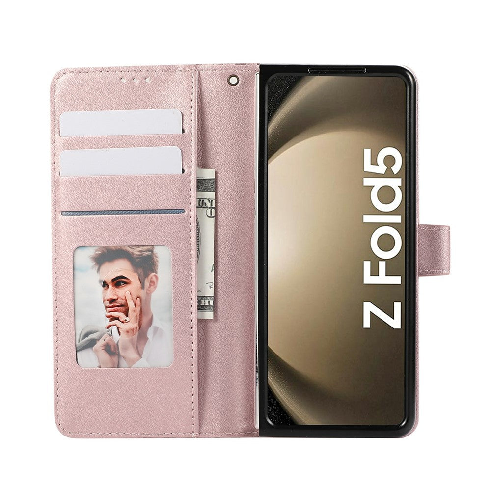 For Samsung Galaxy Z Fold7 5G Case Splicing Imprinted Rhombus Leather Phone Cover with Wrist Strap - Rose Gold