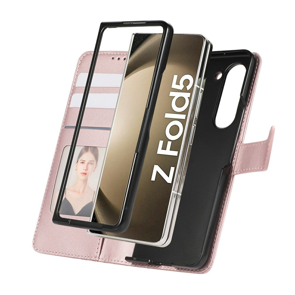 For Samsung Galaxy Z Fold7 5G Case Splicing Imprinted Rhombus Leather Phone Cover with Wrist Strap - Rose Gold