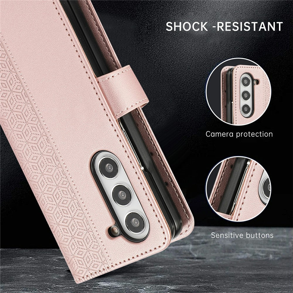 For Samsung Galaxy Z Fold7 5G Case Splicing Imprinted Rhombus Leather Phone Cover with Wrist Strap - Rose Gold