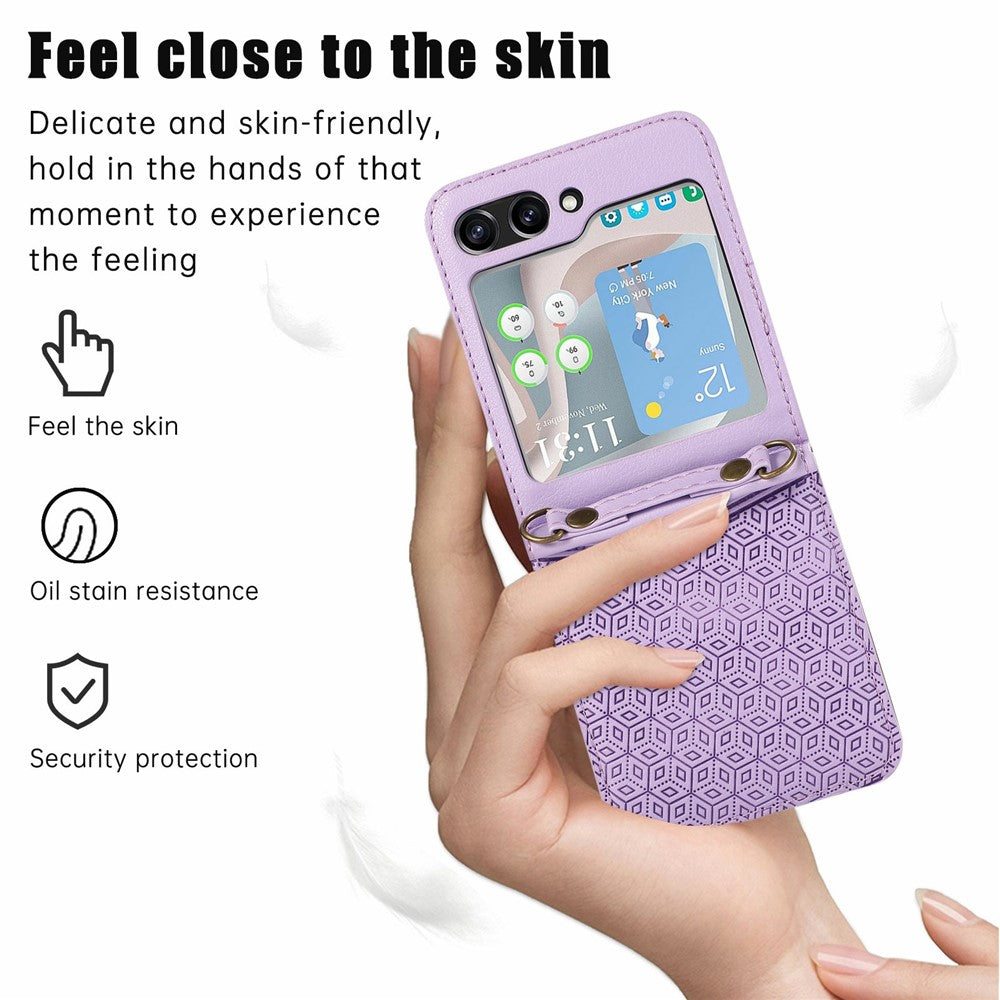 For Samsung Galaxy Z Flip7 5G Case Imprinted Rhombus Leather Phone Cover with Card Slots - Purple