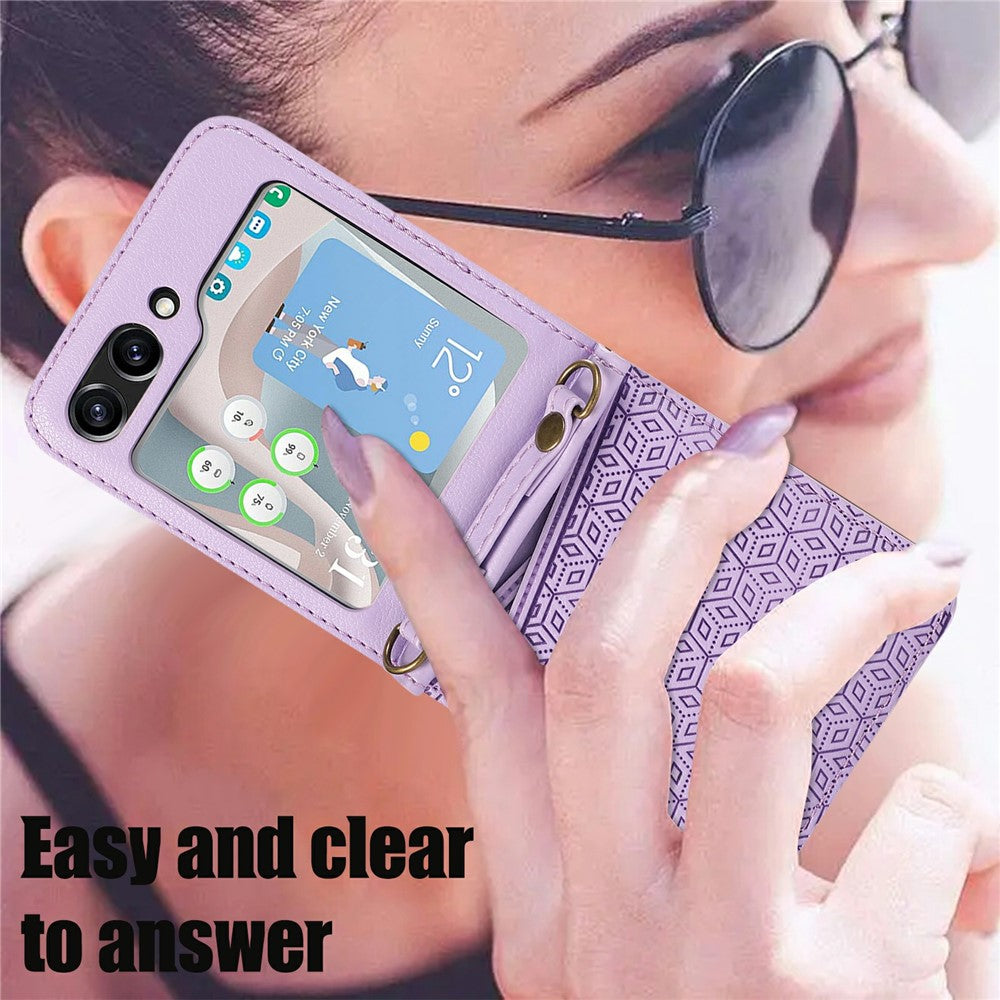 For Samsung Galaxy Z Flip7 5G Case Imprinted Rhombus Leather Phone Cover with Card Slots - Purple