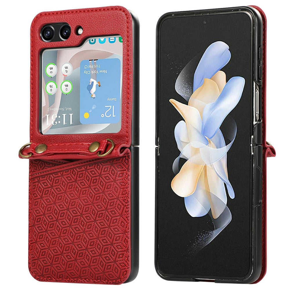 For Samsung Galaxy Z Flip7 5G Case Imprinted Rhombus Leather Phone Cover with Card Slots - Red