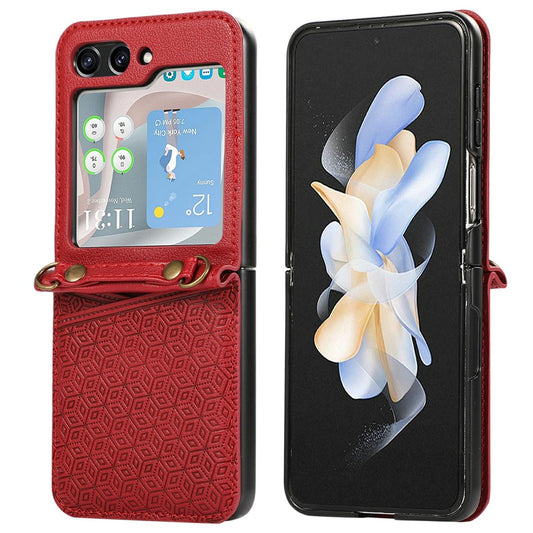 For Samsung Galaxy Z Flip7 5G Case Imprinted Rhombus Leather Phone Cover with Card Slots - Red