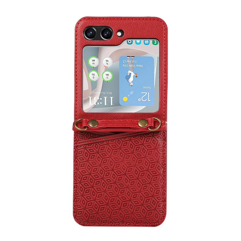 For Samsung Galaxy Z Flip7 5G Case Imprinted Rhombus Leather Phone Cover with Card Slots - Red