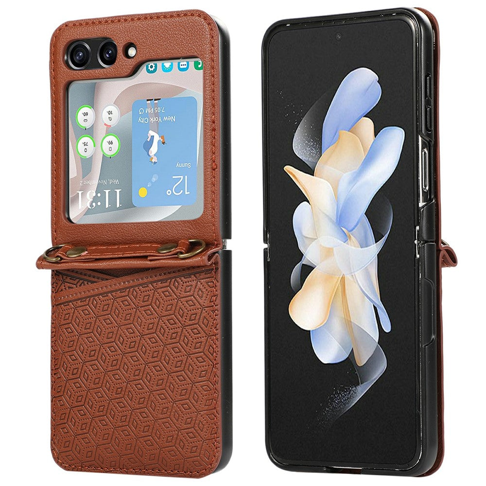 For Samsung Galaxy Z Flip7 5G Case Imprinted Rhombus Leather Phone Cover with Card Slots - Brown