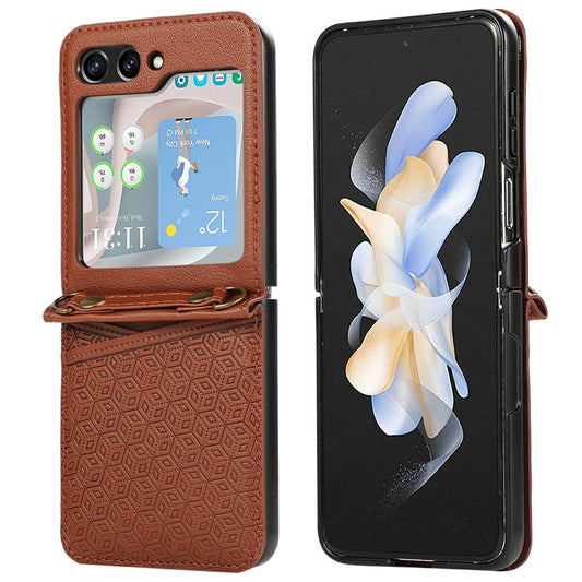 For Samsung Galaxy Z Flip7 5G Case Imprinted Rhombus Leather Phone Cover with Card Slots - Brown