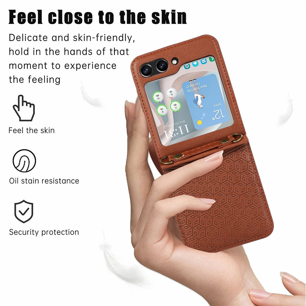 For Samsung Galaxy Z Flip7 5G Case Imprinted Rhombus Leather Phone Cover with Card Slots - Brown