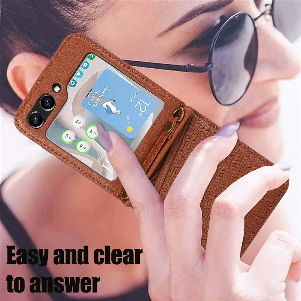 For Samsung Galaxy Z Flip7 5G Case Imprinted Rhombus Leather Phone Cover with Card Slots - Brown