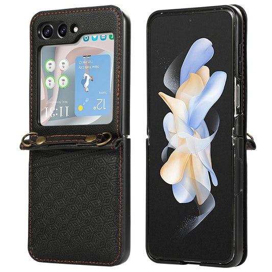For Samsung Galaxy Z Flip7 5G Case Imprinted Rhombus Leather Phone Cover with Card Slots - Black