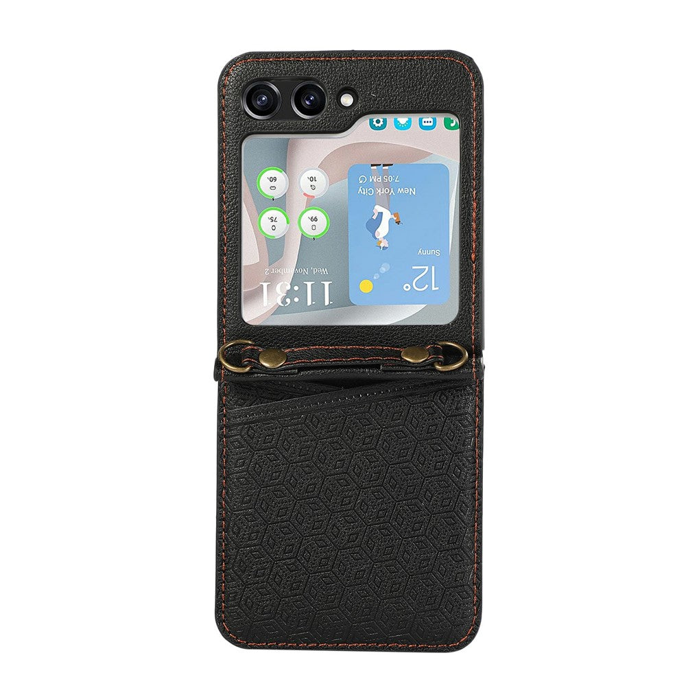 For Samsung Galaxy Z Flip7 5G Case Imprinted Rhombus Leather Phone Cover with Card Slots - Black