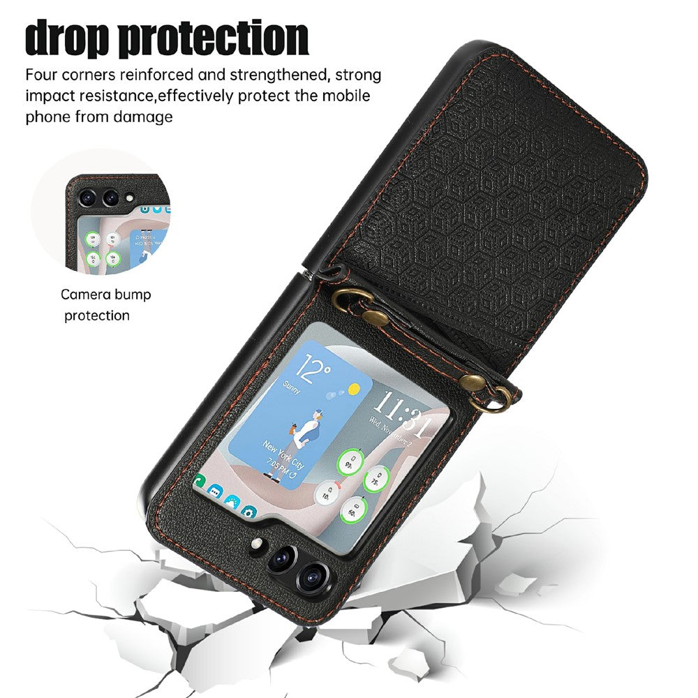 For Samsung Galaxy Z Flip7 5G Case Imprinted Rhombus Leather Phone Cover with Card Slots - Black