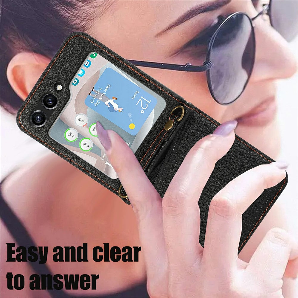 For Samsung Galaxy Z Flip7 5G Case Imprinted Rhombus Leather Phone Cover with Card Slots - Black