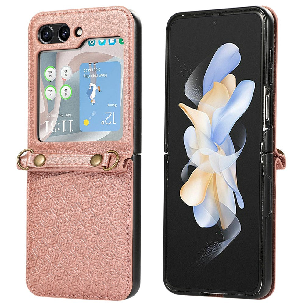 For Samsung Galaxy Z Flip7 5G Case Imprinted Rhombus Leather Phone Cover with Card Slots - Rose Gold