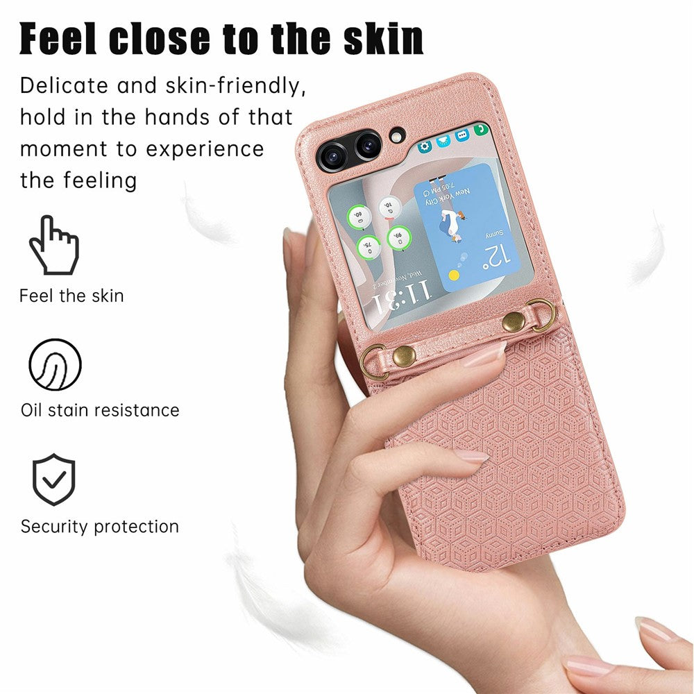 For Samsung Galaxy Z Flip7 5G Case Imprinted Rhombus Leather Phone Cover with Card Slots - Rose Gold