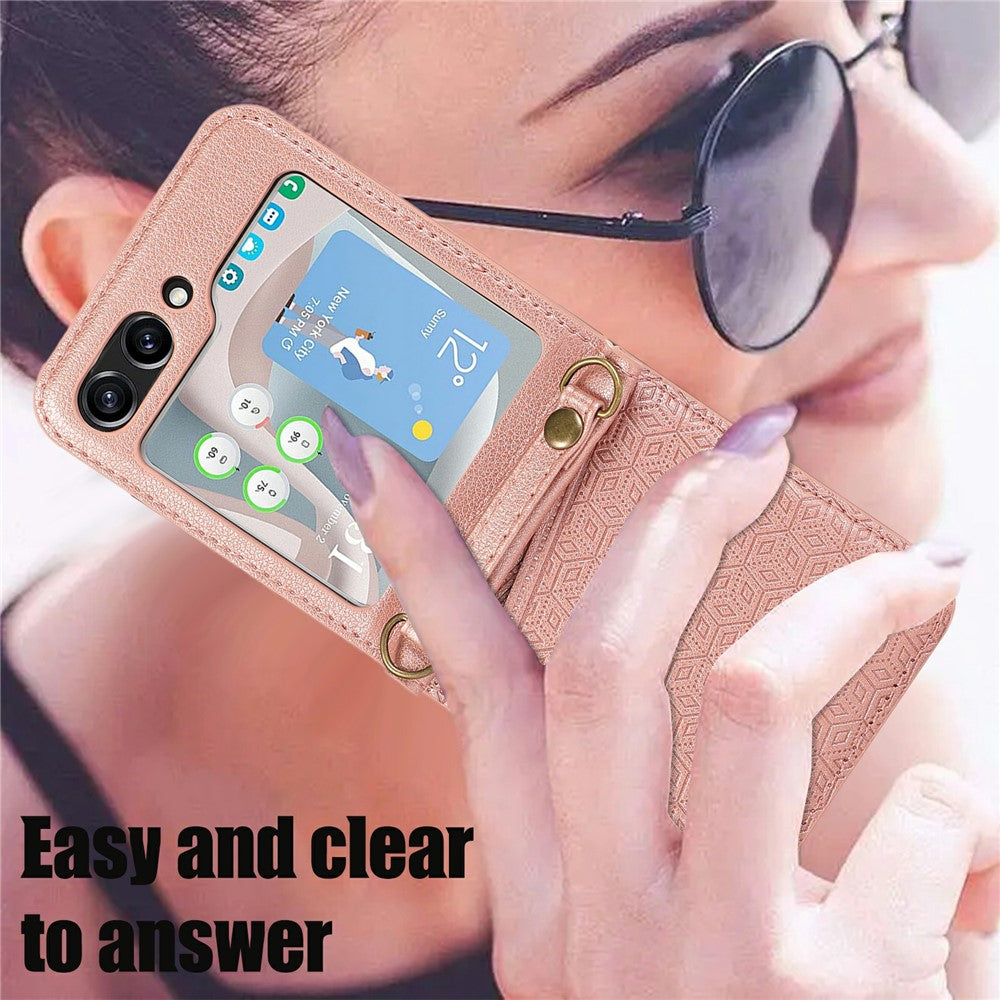 For Samsung Galaxy Z Flip7 5G Case Imprinted Rhombus Leather Phone Cover with Card Slots - Rose Gold