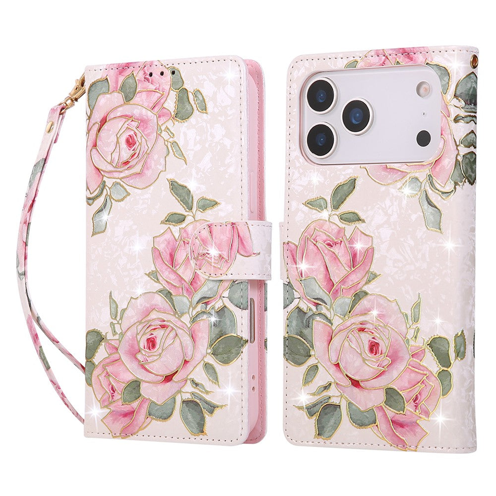 For iPhone 17 Pro Max Case RFID Blocking Flower Leather Phone Cover with Wrist Strap - Flower