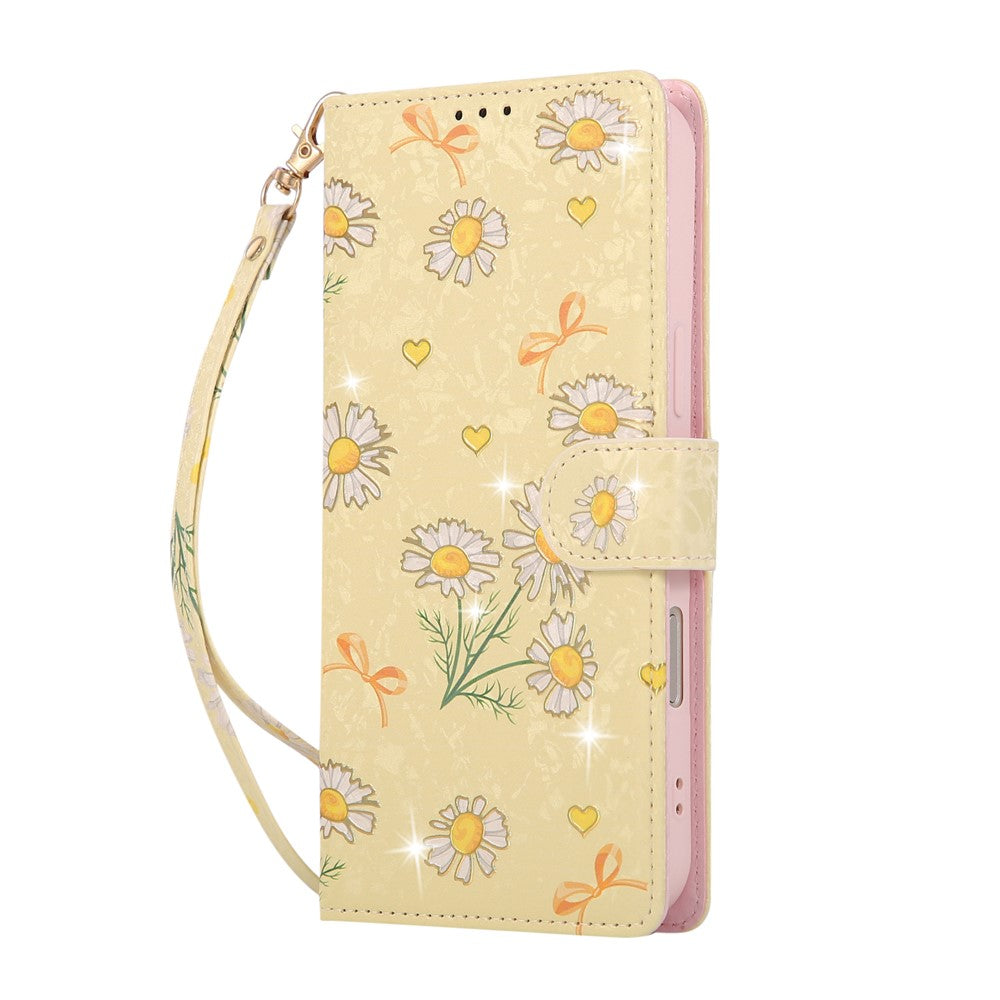 For iPhone 17 Pro Max Case RFID Blocking Flower Leather Phone Cover with Wrist Strap - Yellow Daisy