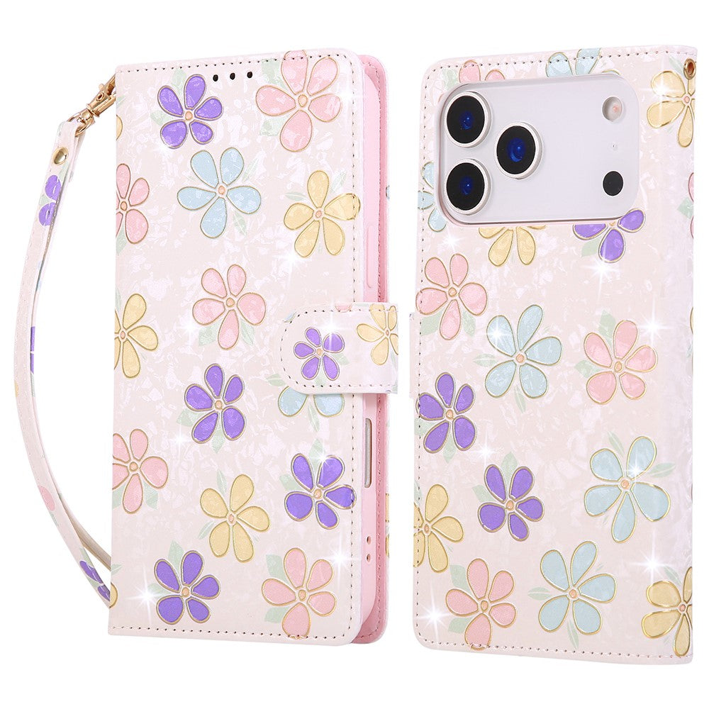 For iPhone 17 Pro Max Case RFID Blocking Flower Leather Phone Cover with Wrist Strap - Colorful Flower