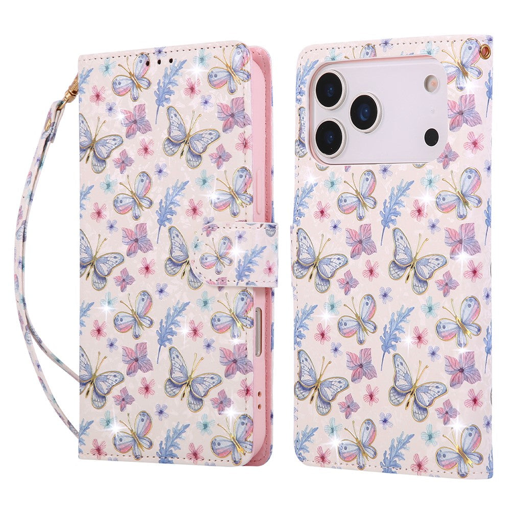For iPhone 17 Pro Max Case RFID Blocking Flower Leather Phone Cover with Wrist Strap - Butterfly Flower