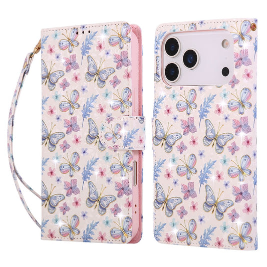 For iPhone 17 Pro Max Case RFID Blocking Flower Leather Phone Cover with Wrist Strap - Butterfly Flower